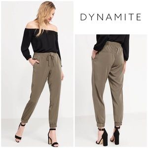 Dynamite Sacha High Waist Olive Joggers with Gold
Buckle Detail